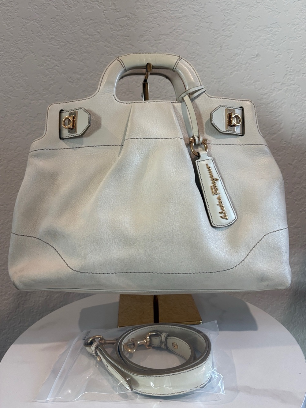 Salvatore Ferragamo Cream Leather Top-Handle Satchel with Crossbody Strap